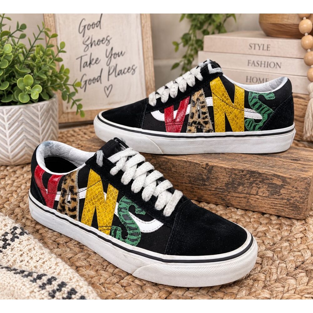 Vans Old Skool Black Suede Animal Print Low Top Sneakers Size 5.5 Y2K Skater 90s